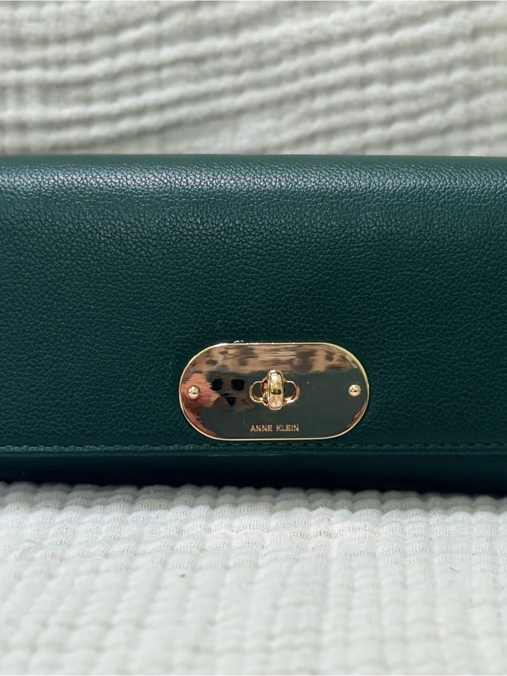 Anne Klein Dark Green Leather Wallet with Gold Turn-Lock